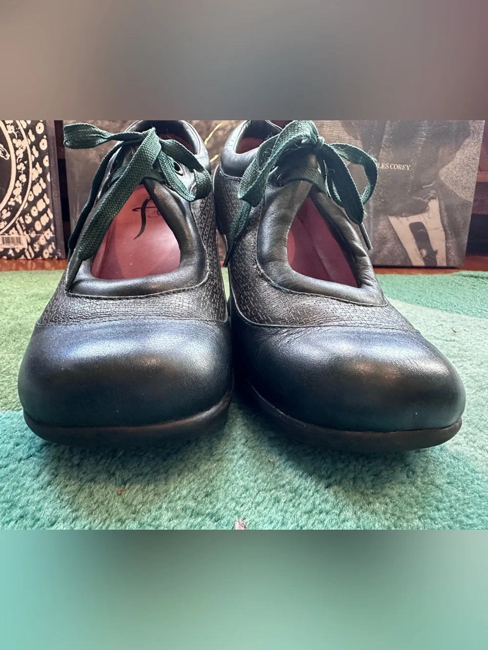 Fluevog VINTAGE EXCELLENT Friends Tillie petrol green wedge lace-up shoes -10